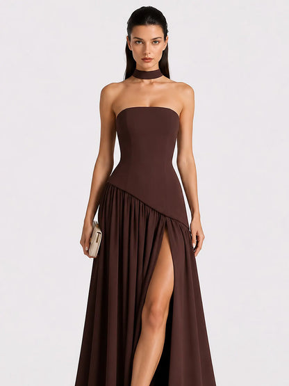 Celeste Strapless Ruched Slit Maxi Dress In Brown