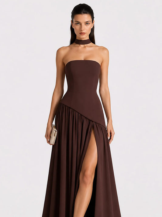 Celeste Strapless Ruched Slit Maxi Dress In Brown