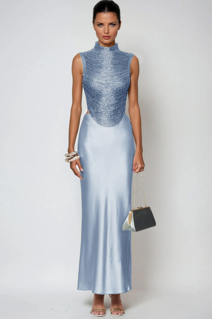 Fedde Fringe Satin Skirt Set In Sky Blue