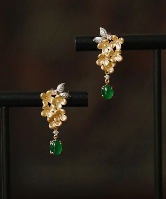 Vintage Green StCopper Zircon Jade Floral Tasselud Earrings