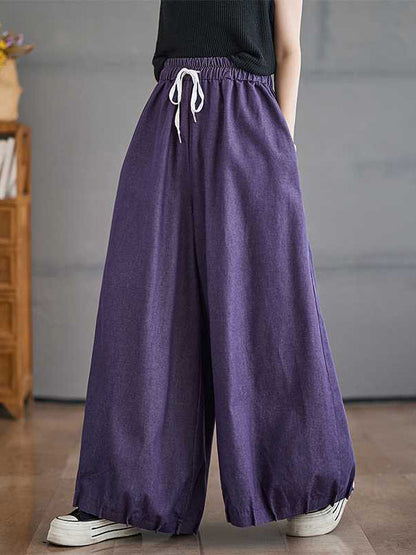 High Waisted Loose Drawstring Elasticity Pleated Pockets Culotte Knickerbockers