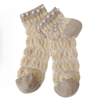 Rufia - Delicate Lace Ankle Socks with White Beads