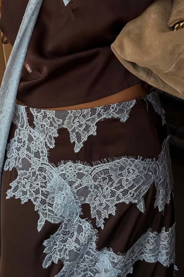 Sunday Social Contrast Color Satin Lace Trim Mid Rise Maxi Skirt