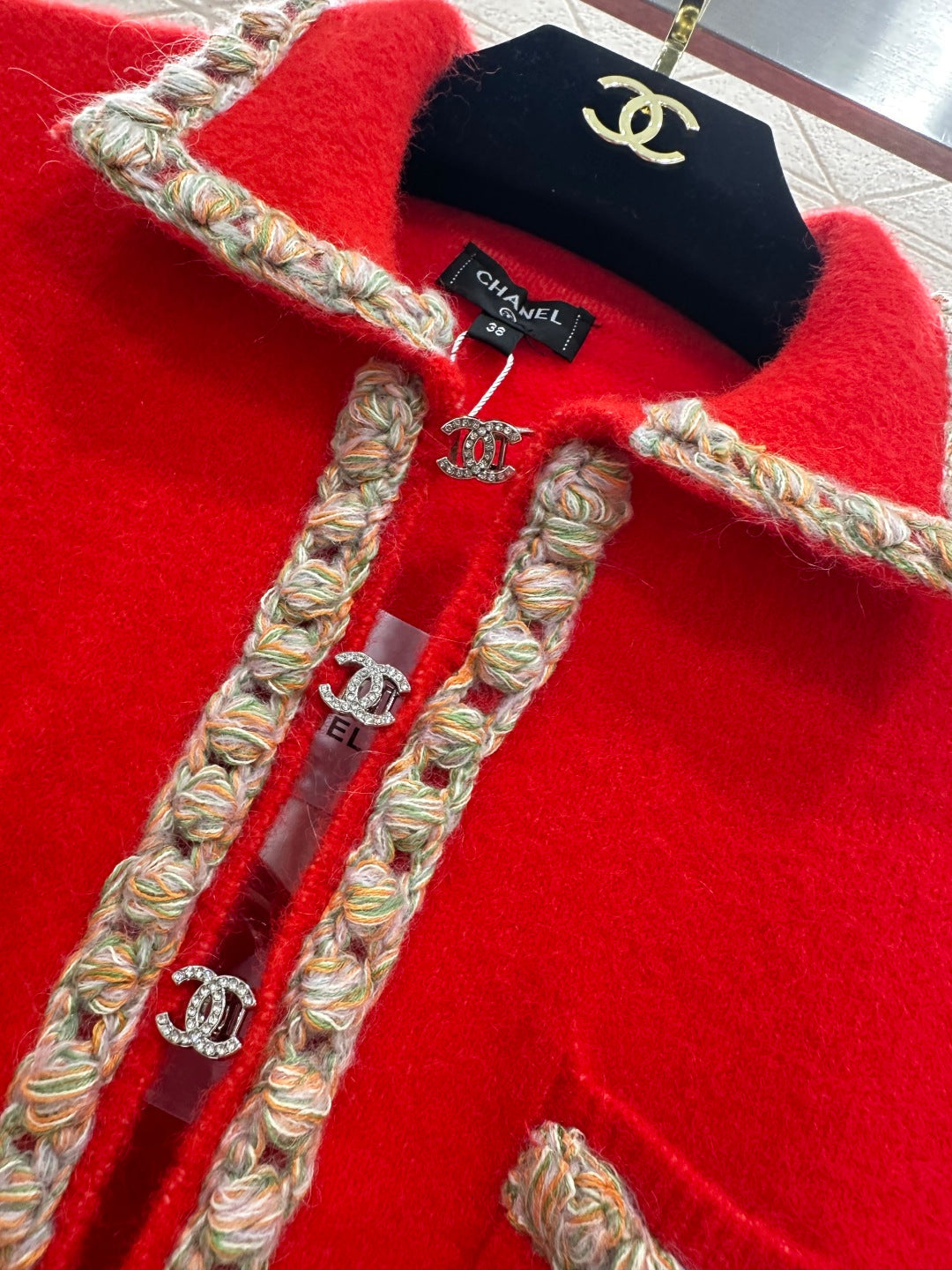 Chanel 25 Knitted Cardigan with Contrasting Trim Red in Wool 801436