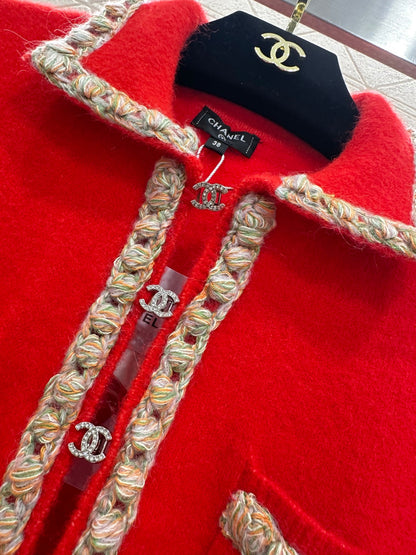 Chanel 25 Knitted Cardigan with Contrasting Trim Red in Wool 801436