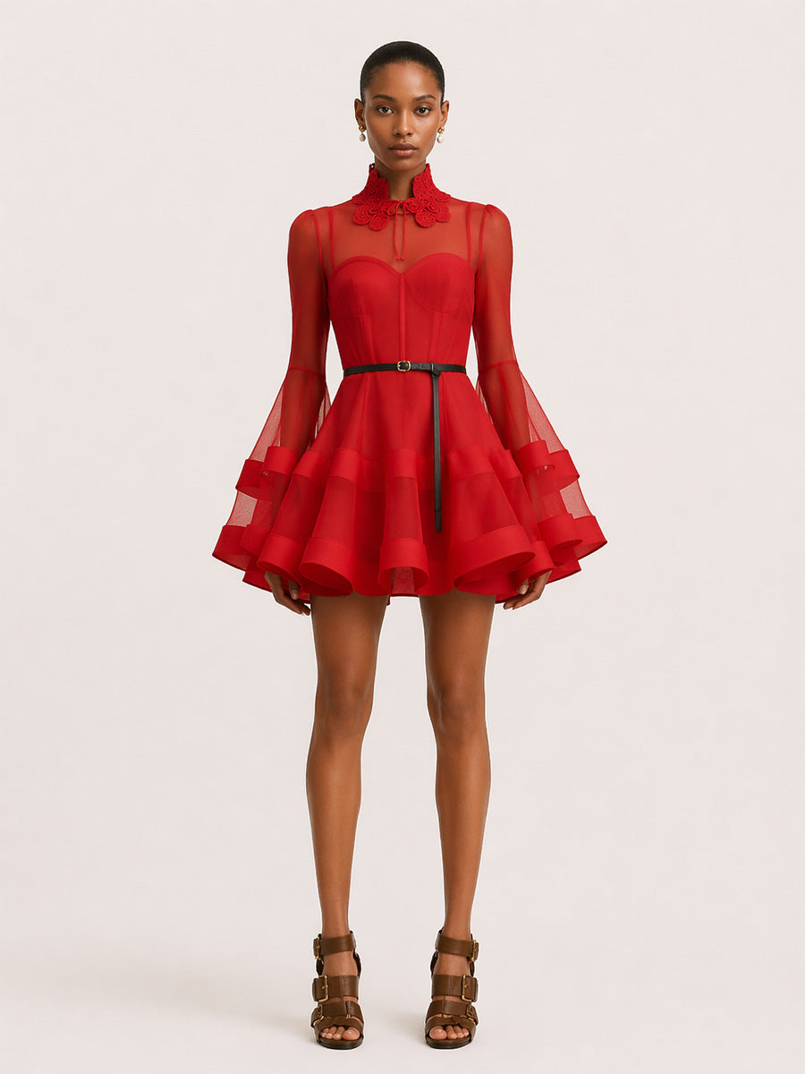 Peyton Long-Sleeve Mesh Mini Dress In Red