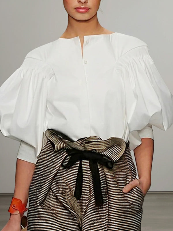 Puff Sleeves Buttoned Solid Color Blouses&shirts Tops