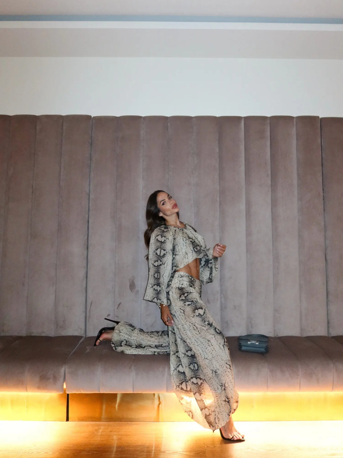 Annabel Snake-print Lantern-sleeve Top and Trousers Set