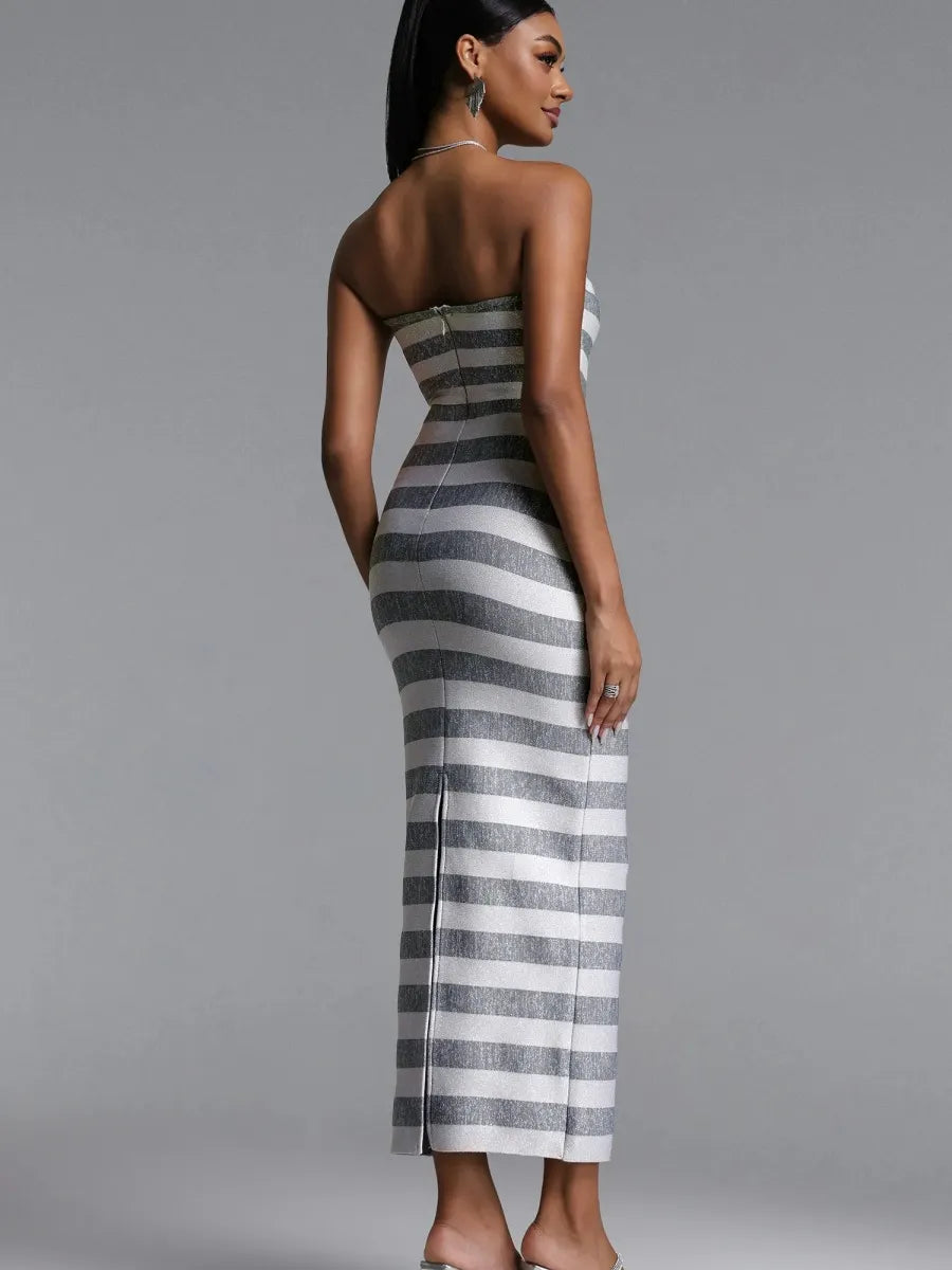 Chloe Striped Strapless Bandage Midi Dress