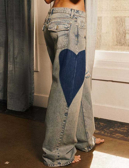 Splicing Heart Distressed Low Rise Straight Leg Jeans