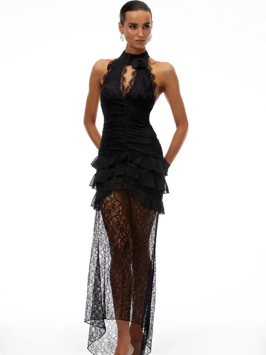 Luna Lace Halter Tiered High-Low Gown in Black