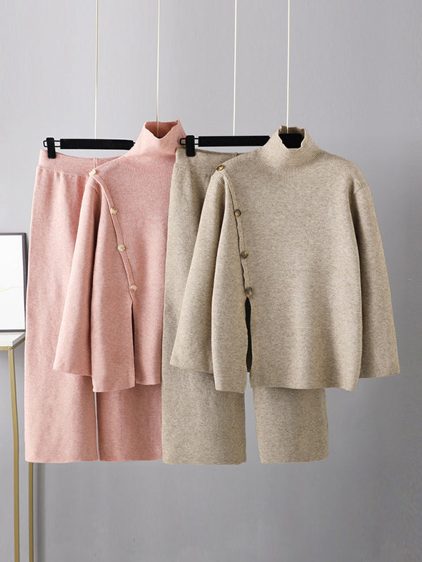 Urban Loose Buttoned Split-Front Solid Color High-Neck Sweater Tops &Wide Leg Pants Two Pieces Set