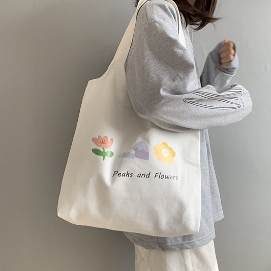 Hill And Flower Print Canvas Bag