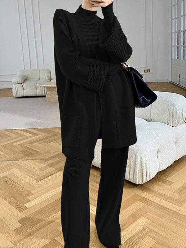 Wide Leg Belted Pockets Solid Color High-Neck Cardigan&Sweater Tops&Pants Suits