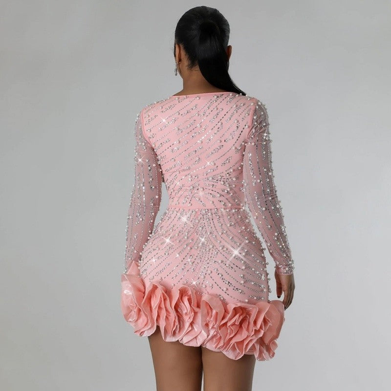 Sexy Rhinestone Beaded Bodycon Dress Long Sleeve