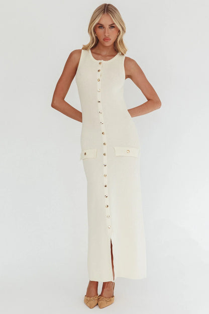 Kelani Gold Button Knit Maxi Dress Cream