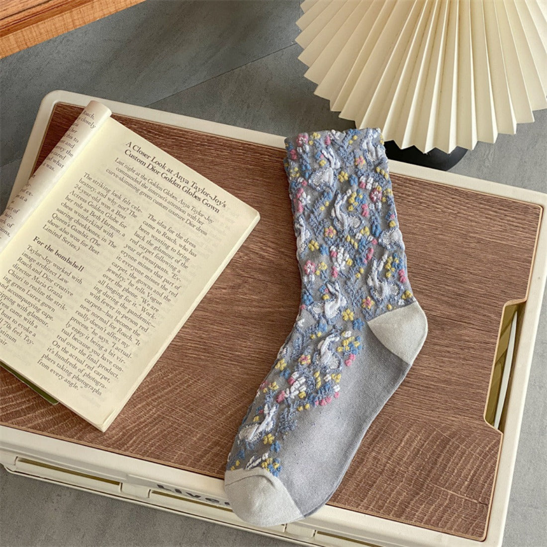 Rufia - Vintage Style Embossed Little Bunny Pattern Mid-Calf Socks