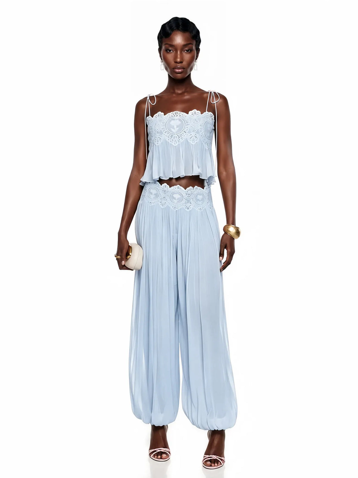 Cerys Lace Trim Ruched Top & Trouser Set In Blue