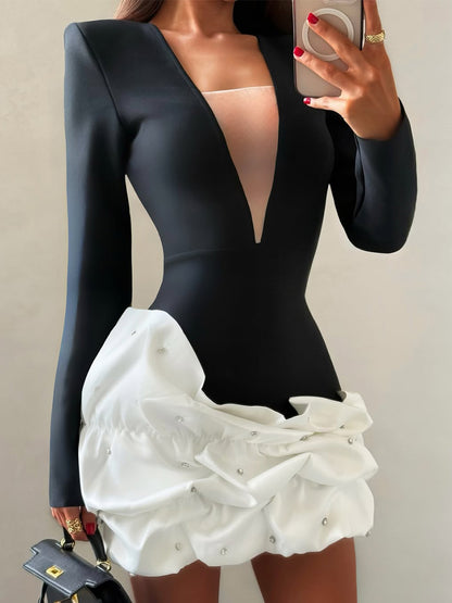 Antonia V-Neck Tight Patchwork Mini Dress