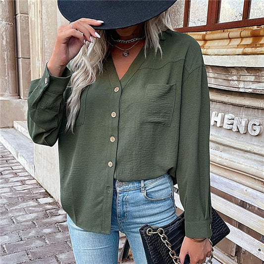 Army Green Casual Lapel Buttoned Blouse