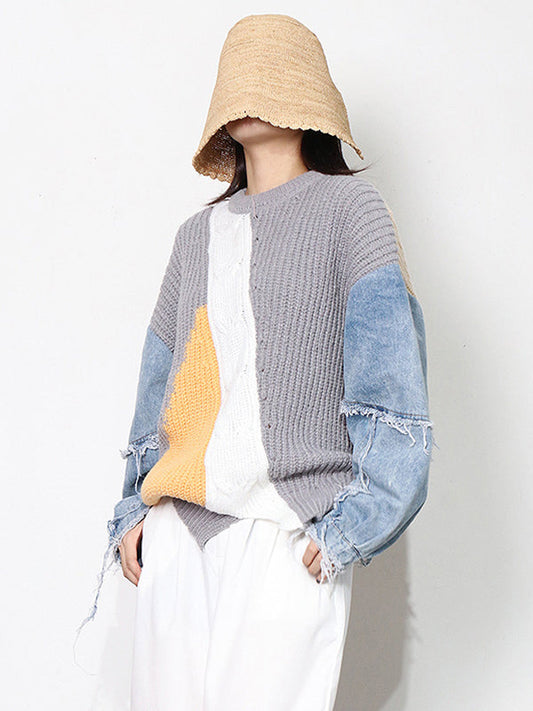 Stylish Denim Knitting Split-Joint Contrast Color Sweater Top