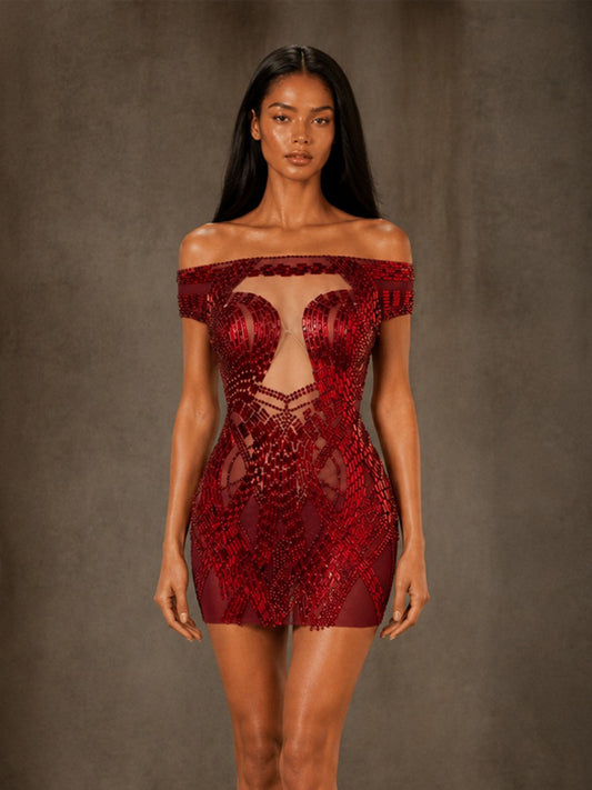 Kinsley Sparkling Rhinestone Cutout Mini Dress In Red