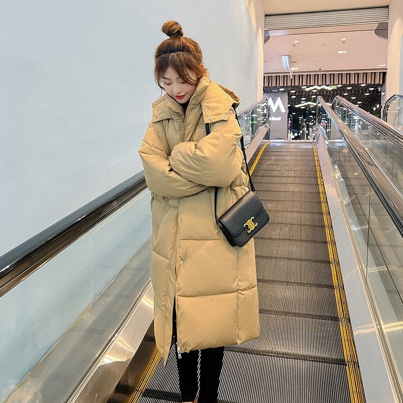 Solid Color Hooded Thickened Down Cotton Long Loose Coat