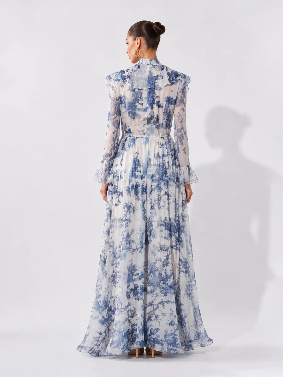Vanessa Palace-Print Chiffon Long-Sleeve Maxi Dress