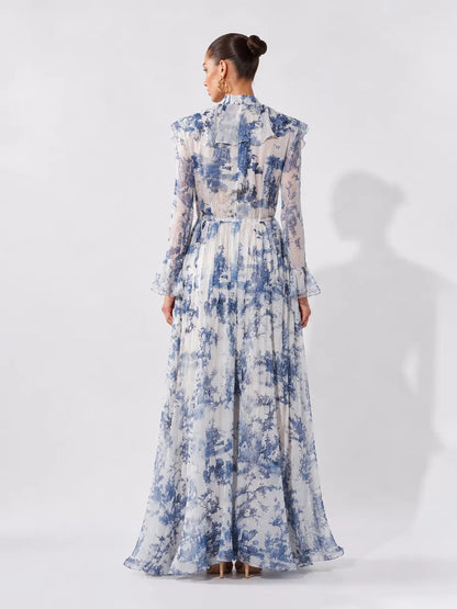 Vanessa Palace-Print Chiffon Long-Sleeve Maxi Dress