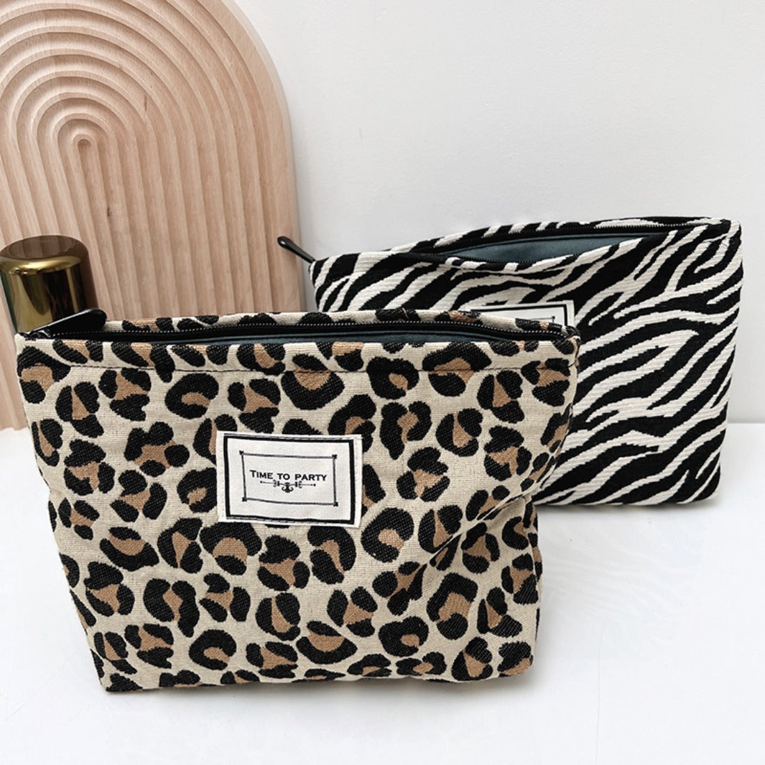 Cosbai - Leopard Print Canvas Lined Makeup Bag