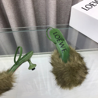 Loewe 25SS Fur-lined Mule 60 Green in Fox Fur 597438
