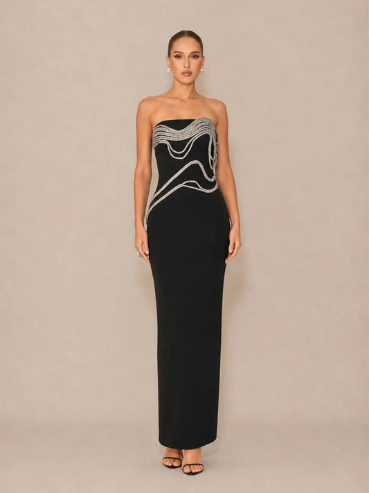 Aveline Rhinestone-Embellished Strapless Maxi Dress with Chain Detail