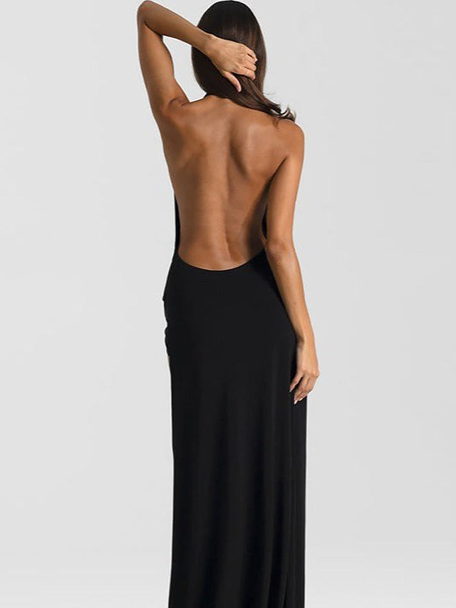 Aurora Solid Halter Deep V Backless Slit Floor Maxi Dress