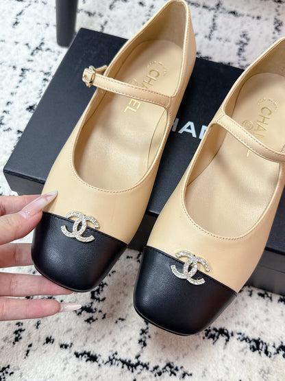 CC 25B MaryJane Shoes Black Beige Sheepskin