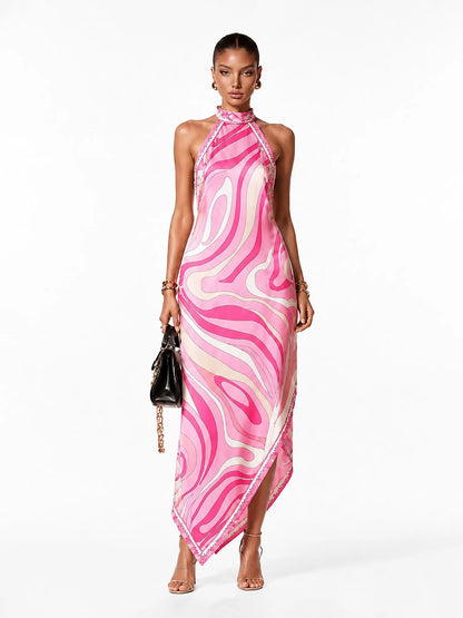 Hazel Printed Halter-Neck Backless Maxi Dress