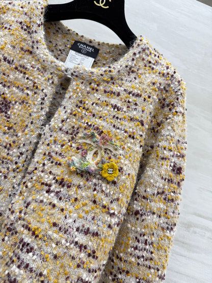CC Cardigan Jacket Beige Multicolor Sheep Wool Tweed 343317