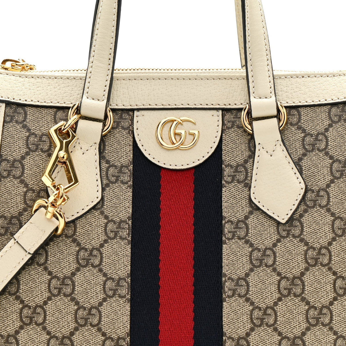 GG Supreme Monogram Textured Dollar Calfskin Web Small Ophidia Tote Bag Beige Ebony Mystic White