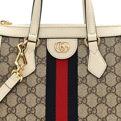 GG Supreme Monogram Textured Dollar Calfskin Web Small Ophidia Tote Bag Beige Ebony Mystic White