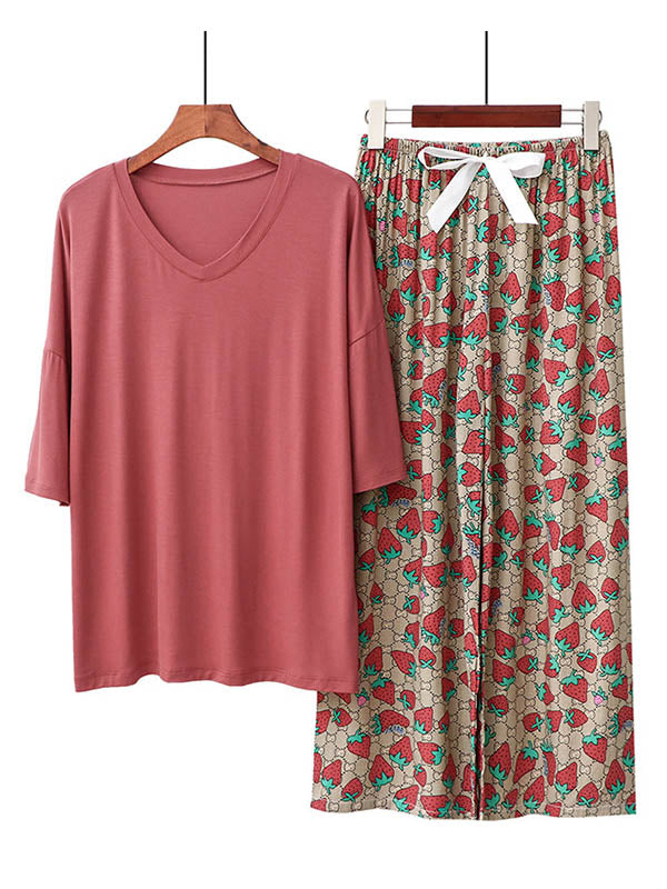 Casual Loose Seven-Quarter Sleeves V-Neck Shirts& Printed Pants Pajama Sets