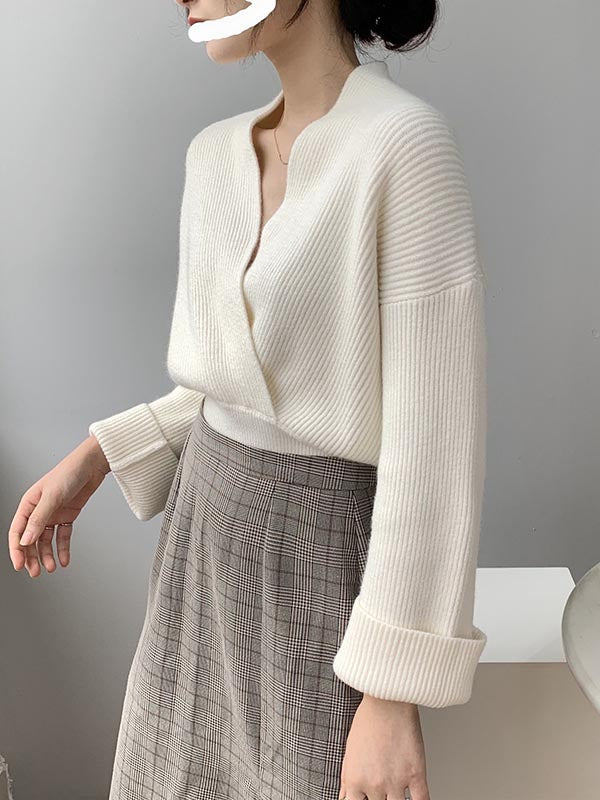 Stylish 6 Colors Knitting V-Neck Asymmetric Sweater