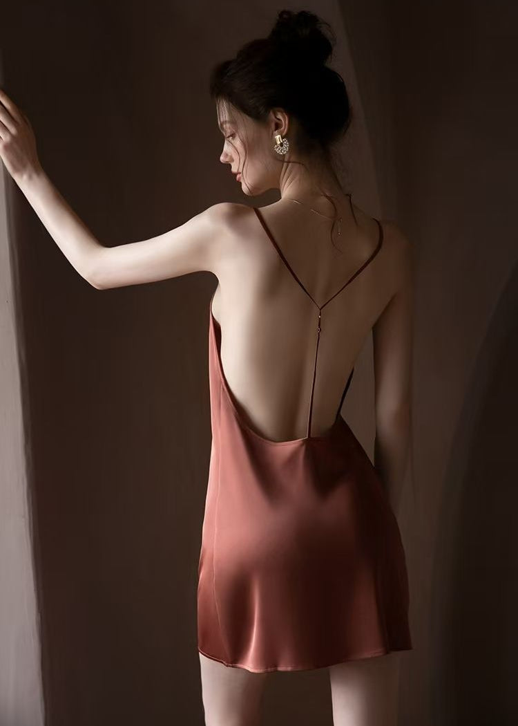 Satin Nightdress Brown Backless Silky Slip Dress