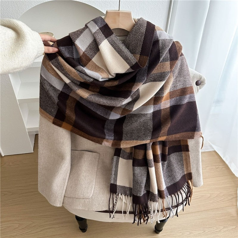 Color Block Plaid Fringe Scarf