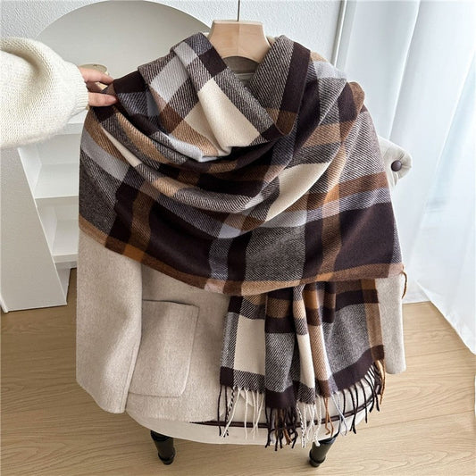 Color Block Plaid Fringe Scarf