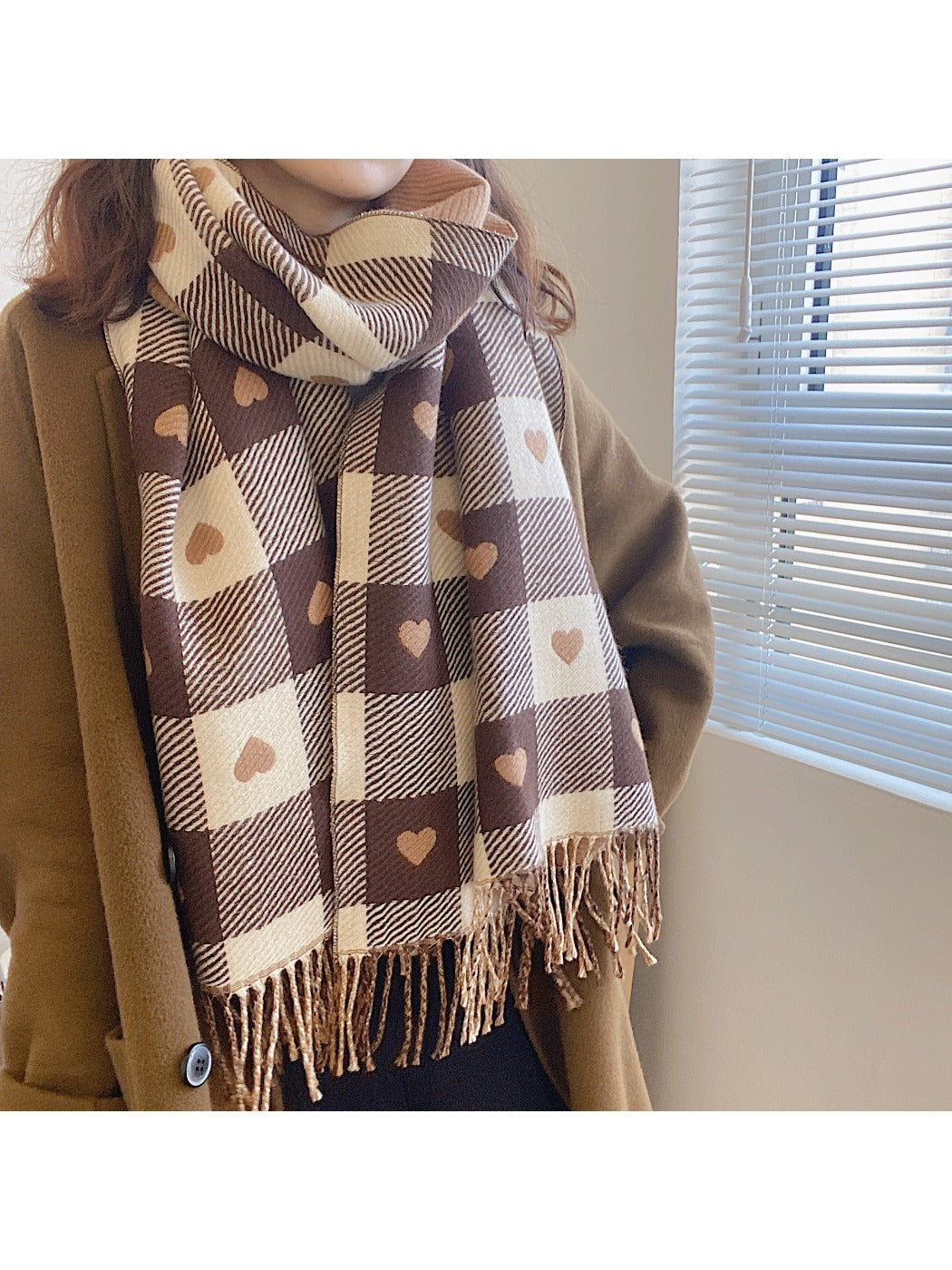 Sscarvii - Heart Print Plaid Winter Scarf