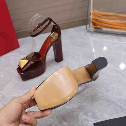 Open Toe Pump With One Stud Gold Patent Burgundy Leather 130MM