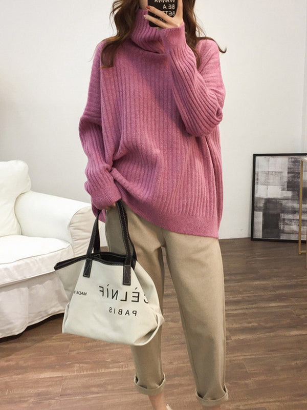 Casual Long Sleeves Loose Solid Color High-Neck Sweater Tops