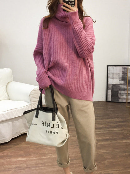 Casual Long Sleeves Loose Solid Color High-Neck Sweater Tops
