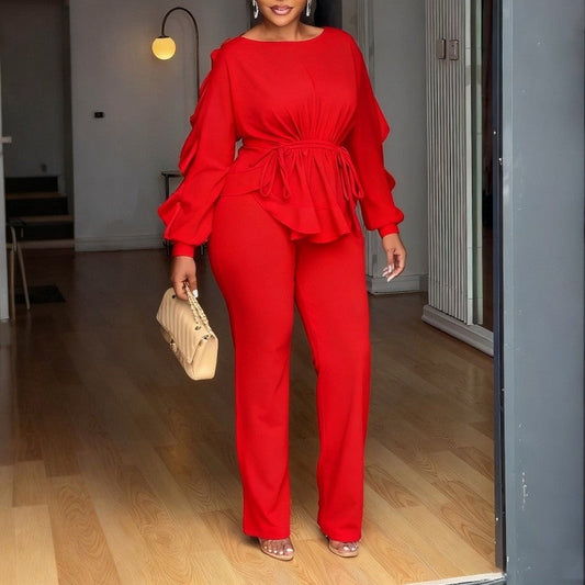 Lace Trim Long Sleeve Top Pants Set