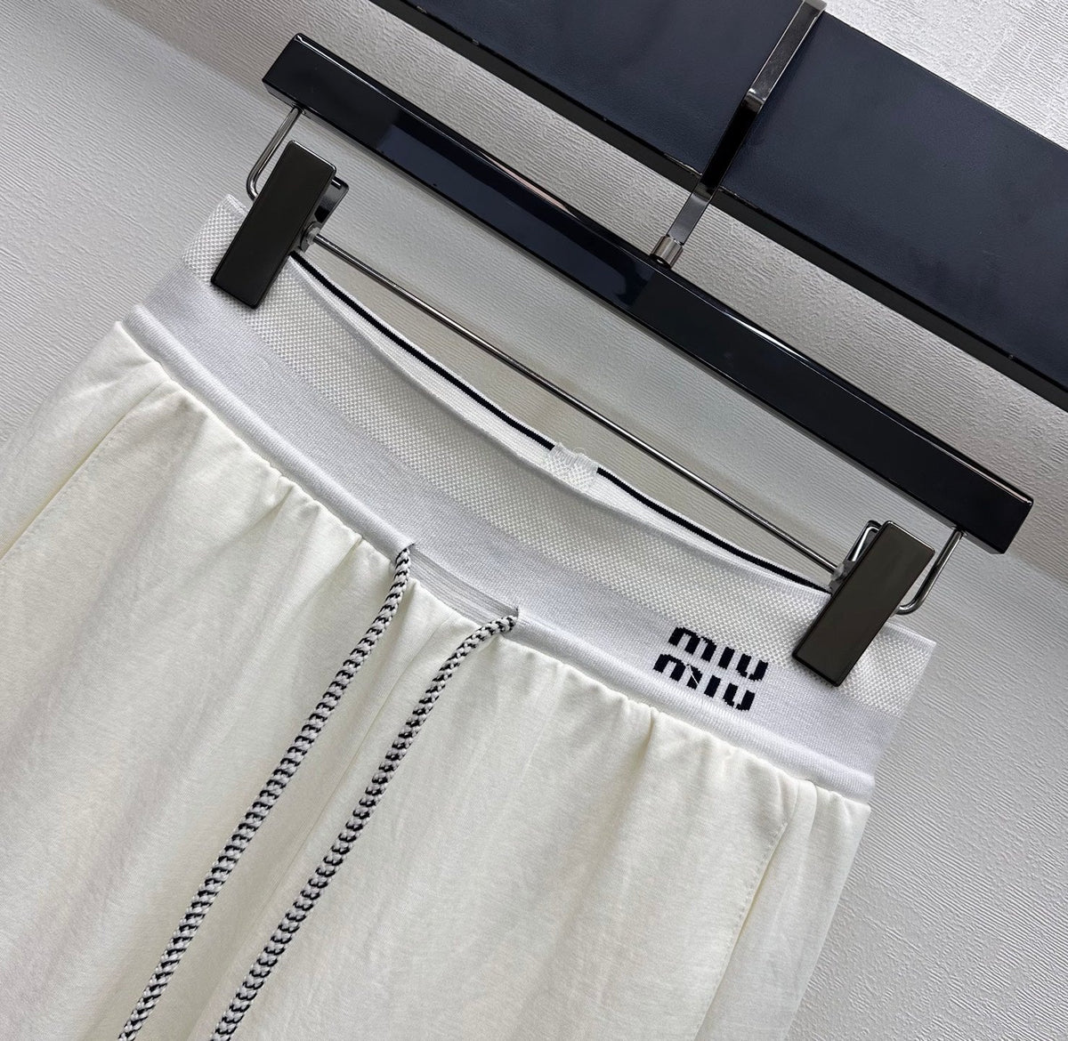 Miu Drawstring Webbing Pants White Tencel Cotton Fabric 350207