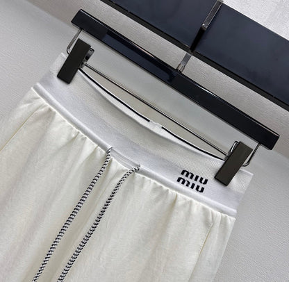 Miu Drawstring Webbing Pants White Tencel Cotton Fabric 350207